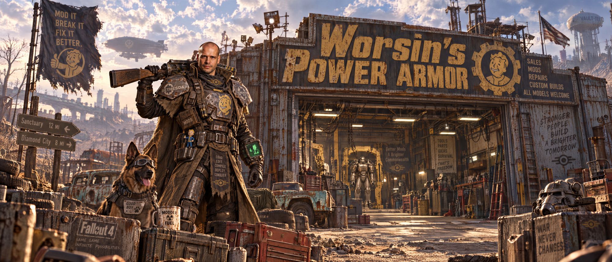 Worsin and his dog outside Worsin's Power Armor garage in the Commonwealth wasteland, power armor on the lift inside